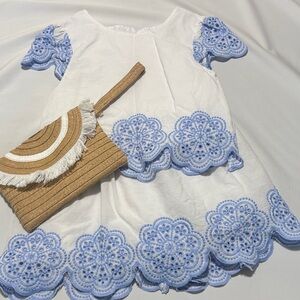 Happily Grey Kids- White & Blue 2 Piece Skirt set with Tan Clutch - Small 5/6